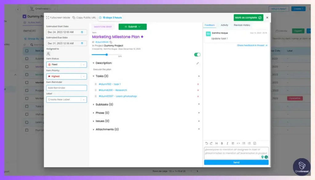 Onethread-Milestone Tracking